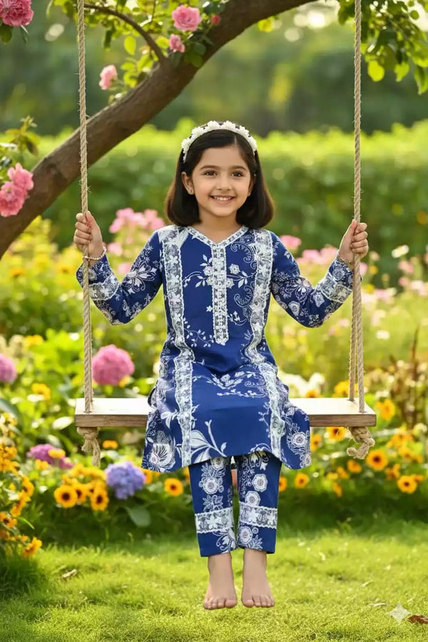 Girls Kids Karachi Lace Rayon Kurta Pant Straight Cut Cord-Sets