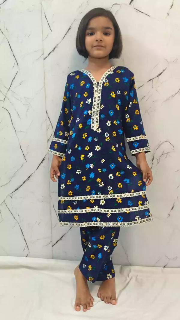 Girls Kids Karachi Lace Rayon Kurta Pant Straight Cut Cord-Sets