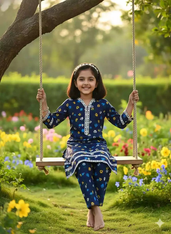 Girls Kids Karachi Lace Rayon Kurta Pant Straight Cut Cord-Sets