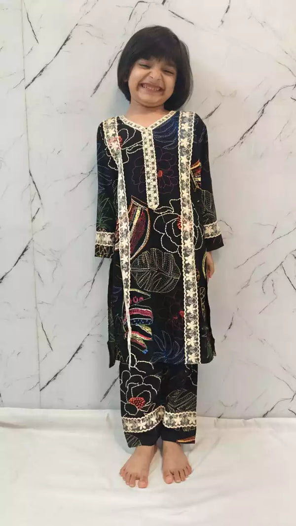 Girls Kids Karachi Lace Rayon Kurta Pant Straight Cut Cord-Sets