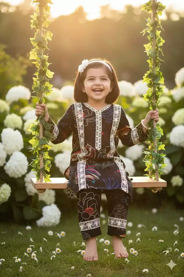 Girls Kids Karachi Lace Rayon Kurta Pant Straight Cut Cord-Sets