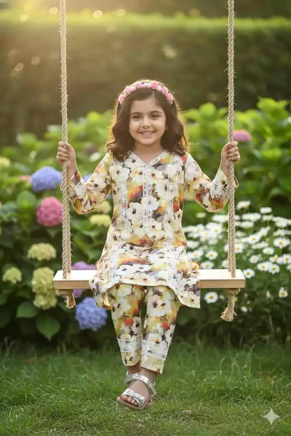 Girls Kids Karachi Lace Rayon Kurta Pant Straight Cut Cord-Sets