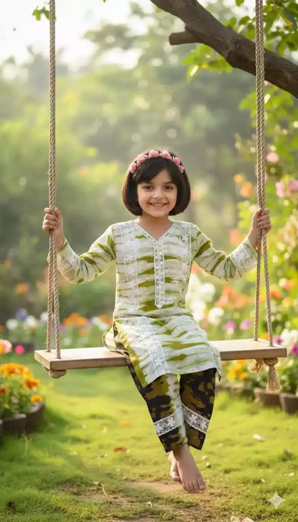 Girls Kids Karachi Lace Rayon Kurta Pant Straight Cut Cord-Sets