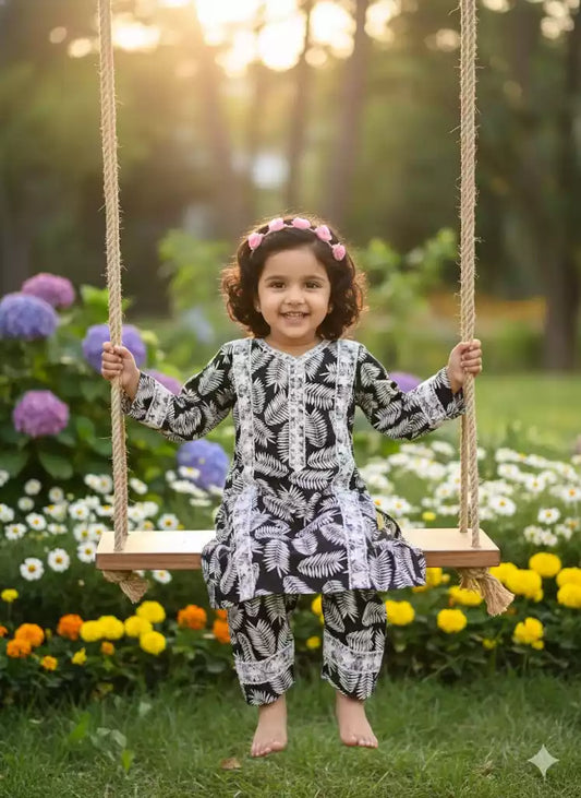 Girls Kids Karachi Lace Rayon Kurta Pant Straight Cut Cord-Sets