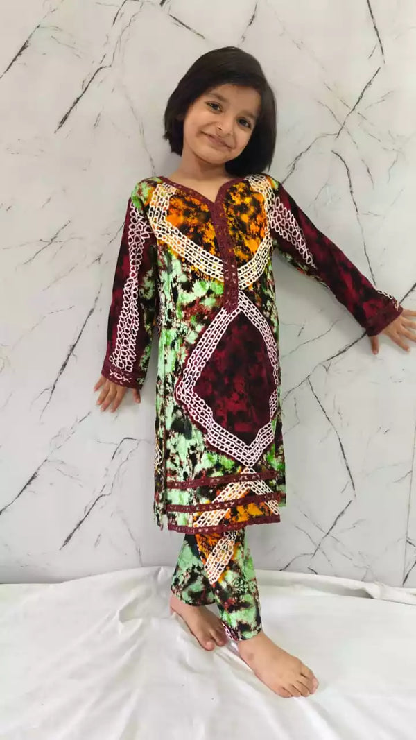 Girls Kids Karachi Lace Rayon Kurta Pant Straight Cut Cord-Sets
