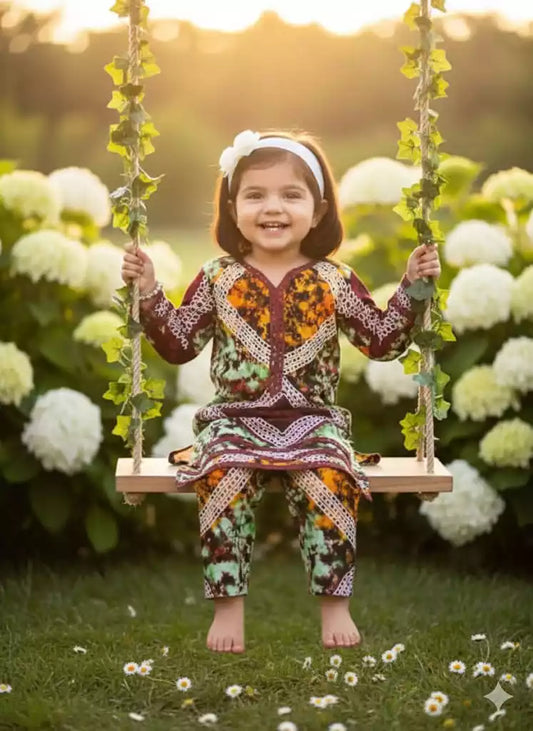 Girls Kids Karachi Lace Rayon Kurta Pant Straight Cut Cord-Sets