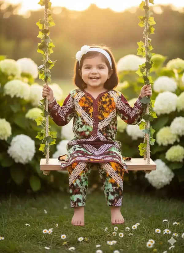 Girls Kids Karachi Lace Rayon Kurta Pant Straight Cut Cord-Sets