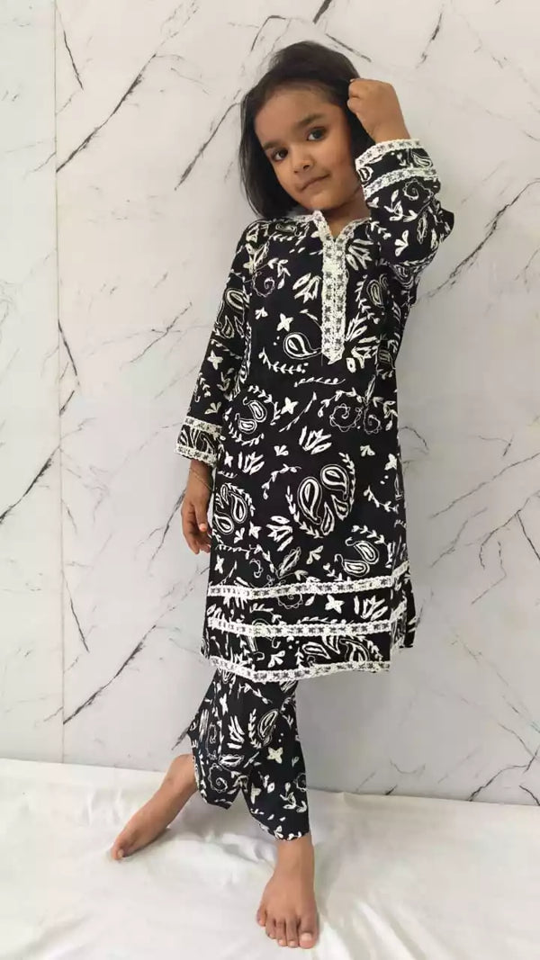 Girls Kids Karachi Lace Rayon Kurta Pant Straight Cut Cord-Sets
