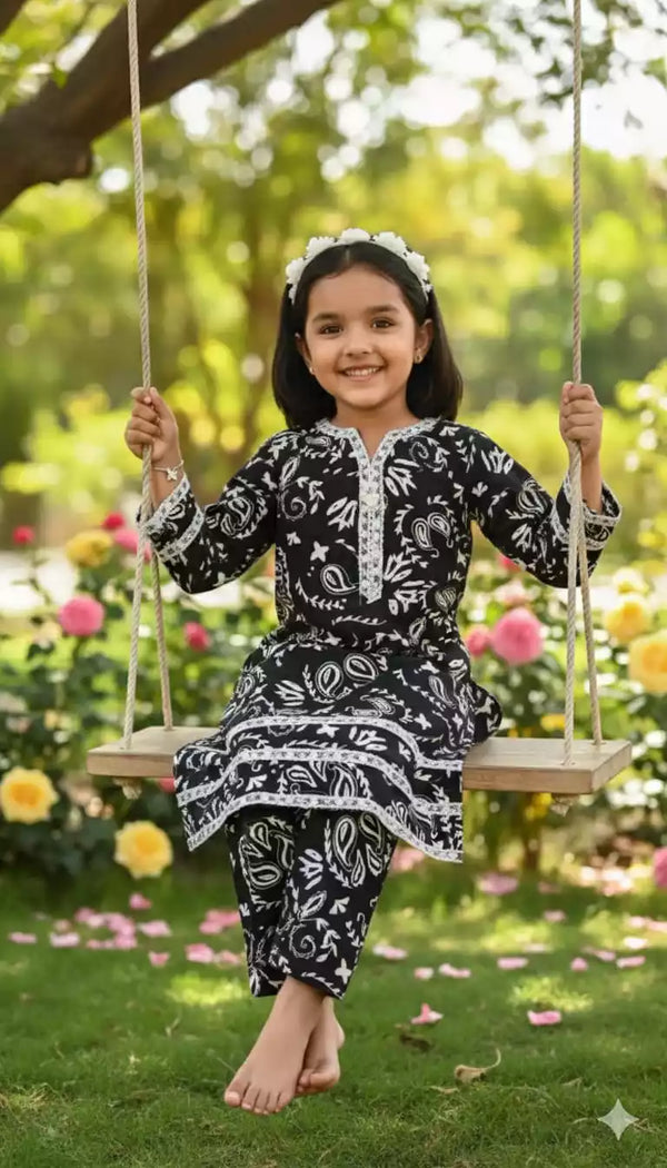 Girls Kids Karachi Lace Rayon Kurta Pant Straight Cut Cord-Sets