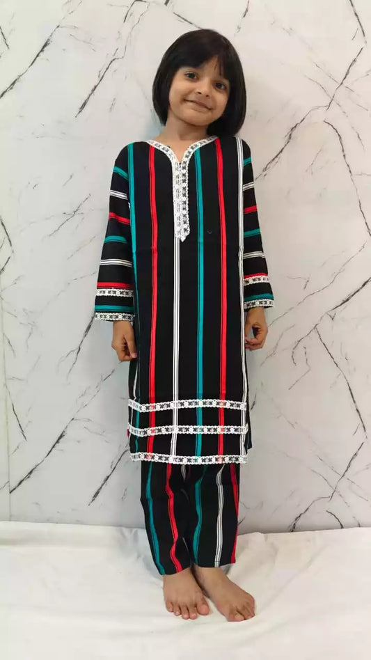 Girls Kids Karachi Lace Rayon Kurta Pant Straight Cut Cord-Sets