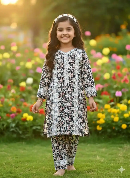 Girls Kids Karachi Lace Rayon Kurta Pant Straight Cut Cord-Sets