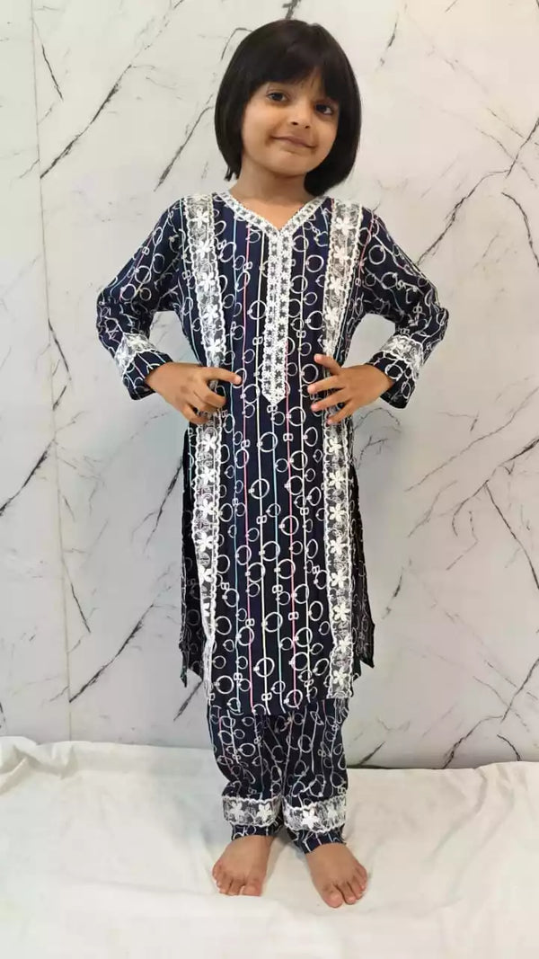 Girls Kids Karachi Lace Rayon Kurta Pant Straight Cut Cord-Sets