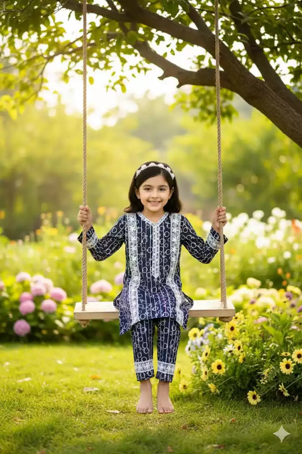 Girls Kids Karachi Lace Rayon Kurta Pant Straight Cut Cord-Sets