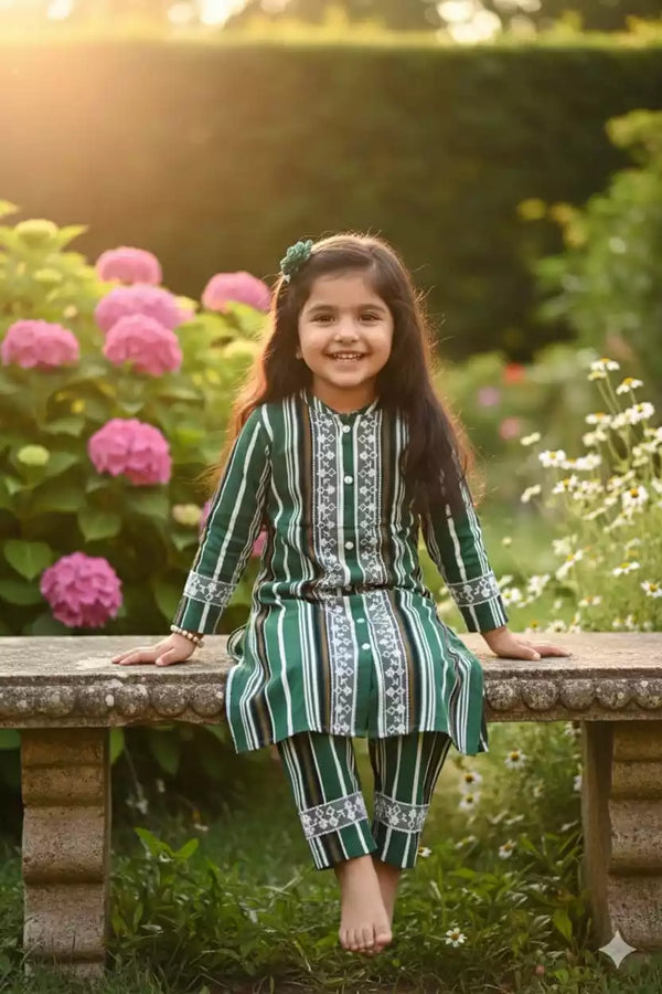 Girls Rayon Cord Set With Print, Crochet Lace & Rayon Printed Pant