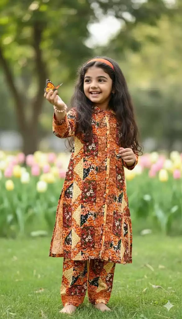 Girls Rayon Cord Set With Print, Crochet Lace & Rayon Printed Pant