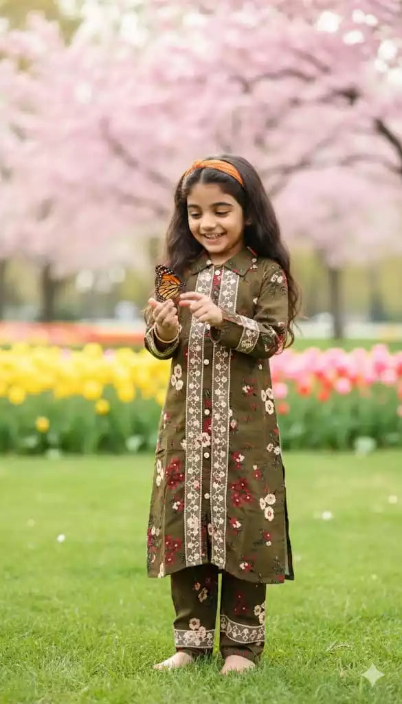 Girls Rayon Cord Set With Print, Crochet Lace & Rayon Printed Pant