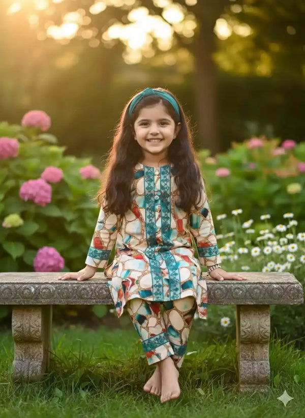 Girls Rayon Cord Set With Print, Crochet Lace & Rayon Printed Pant