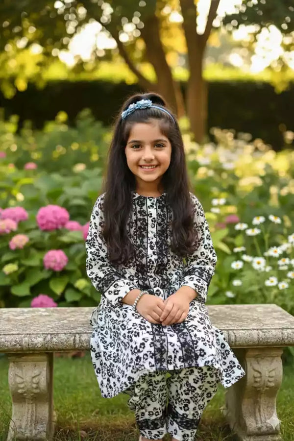 Girls Rayon Cord Set With Print, Crochet Lace & Rayon Printed Pant