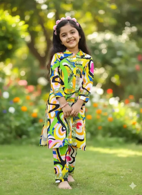 Girls Rayon Cord Set With Print, Crochet Lace & Rayon Printed Pant