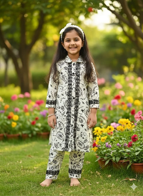 Girls Rayon Cord Set With Print, Crochet Lace & Rayon Printed Pant