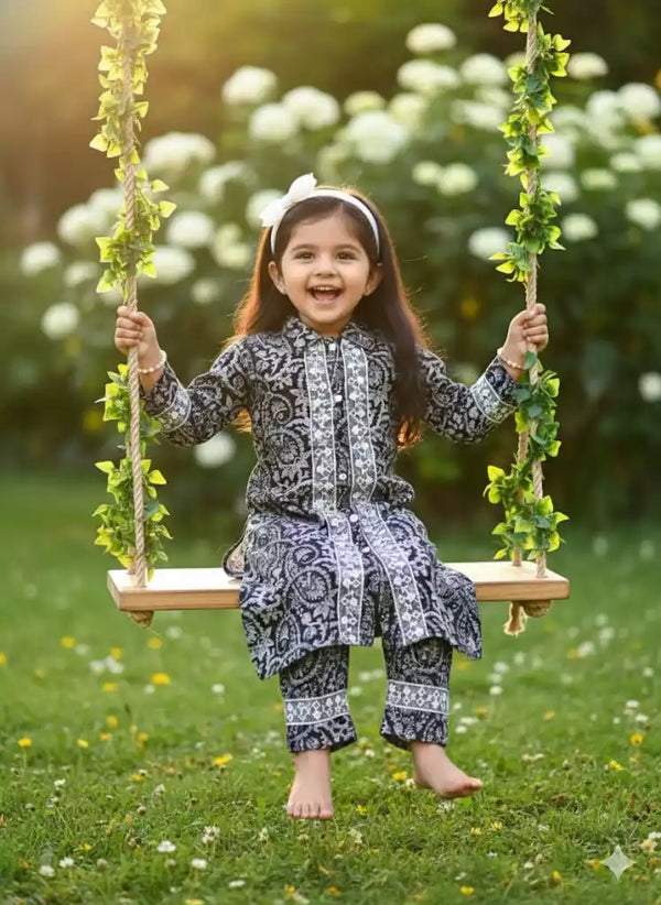 Girls Rayon Cord Set With Print, Crochet Lace & Rayon Printed Pant