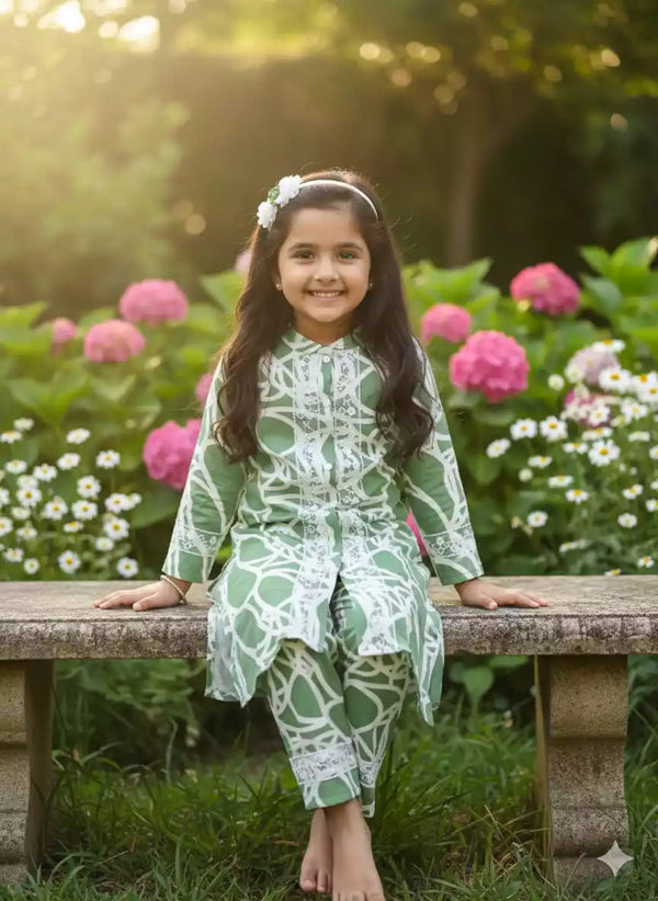 Girls Rayon Cord Set With Print, Crochet Lace & Rayon Printed Pant