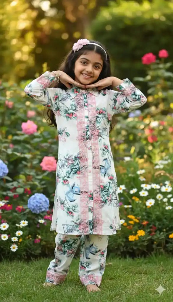 Girls Rayon Cord Set With Print, Crochet Lace & Rayon Printed Pant