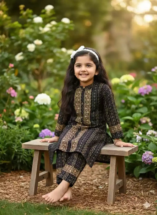 Girls Rayon Cord Set With Print, Crochet Lace & Rayon Printed Pant