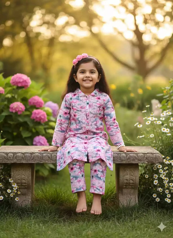 Girls Rayon Cord Set With Print, Crochet Lace & Rayon Printed Pant