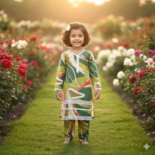 Girls Kids Karachi Lace Rayon Kurta Pant Straight Cut Cord-Sets