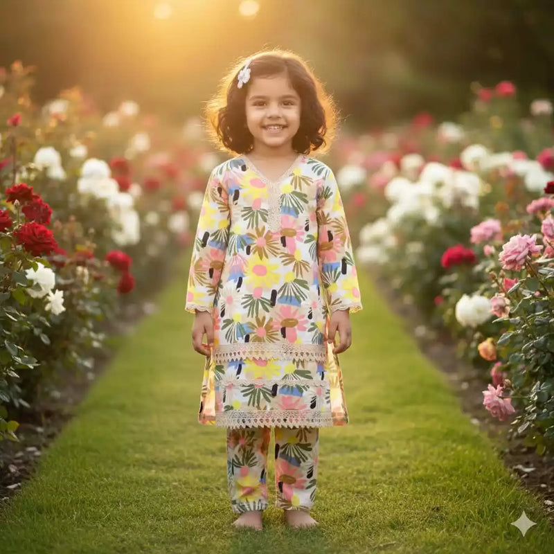 Girls Kids Karachi Lace Rayon Kurta Pant Straight Cut Cord-Sets