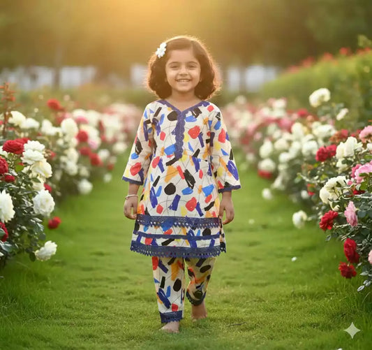 Girls Kids Karachi Lace Rayon Kurta Pant Straight Cut Cord-Sets