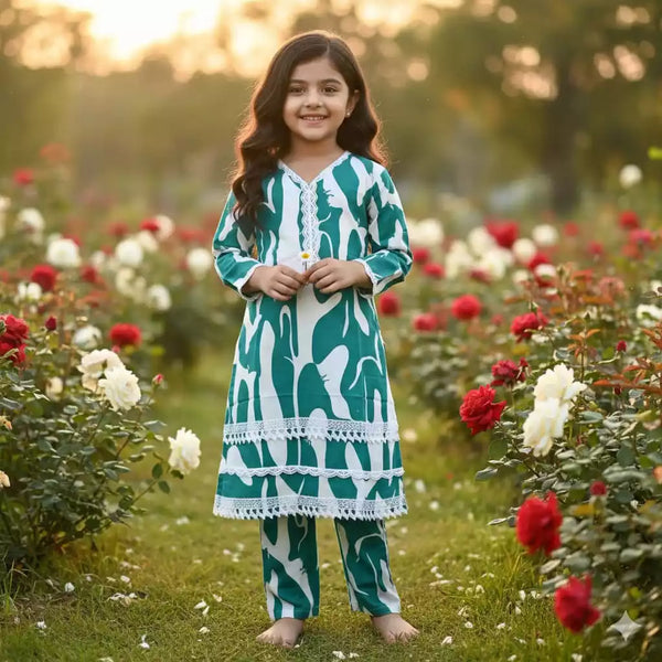 Girls Kids Karachi Lace Rayon Kurta Pant Straight Cut Cord-Sets