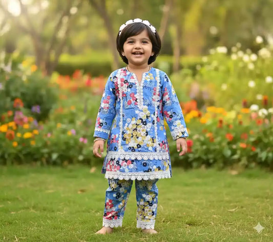 Girls Kids Karachi Lace Rayon Kurta Pant Straight Cut Cord-Sets