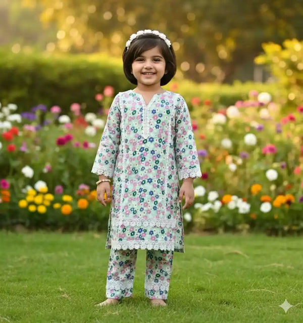 Girls Kids Karachi Lace Rayon Kurta Pant Straight Cut Cord-Sets