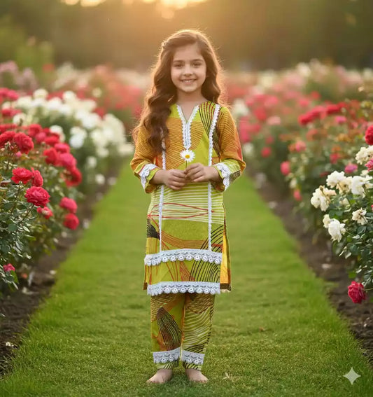 Girls Kids Karachi Lace Rayon Kurta Pant Straight Cut Cord-Sets