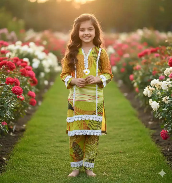 Girls Kids Karachi Lace Rayon Kurta Pant Straight Cut Cord-Sets