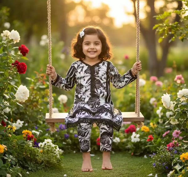 Girls Kids Karachi Lace Rayon Kurta Pant Straight Cut Cord-Sets