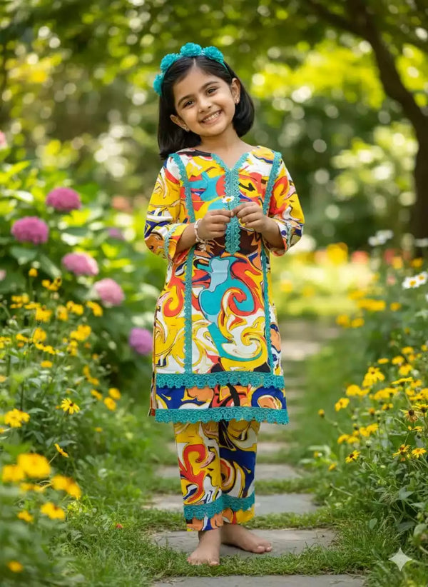 Girls Kids Karachi Lace Rayon Kurta Pant Straight Cut Cord-Sets