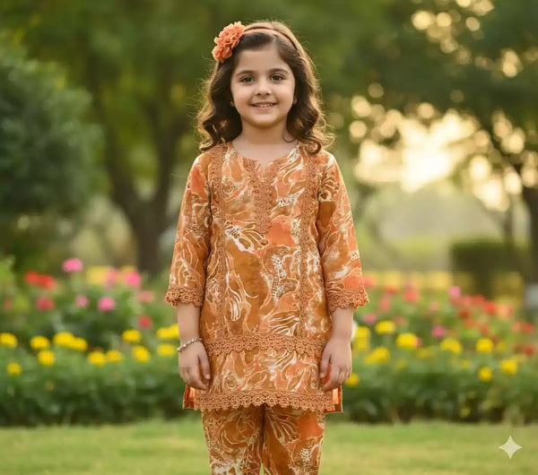 Girls Kids Karachi Lace Rayon Kurta Pant Straight Cut Cord-Sets