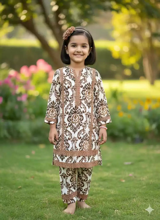 Girls Kids Karachi Lace Rayon Kurta Pant Straight Cut Cord-Sets