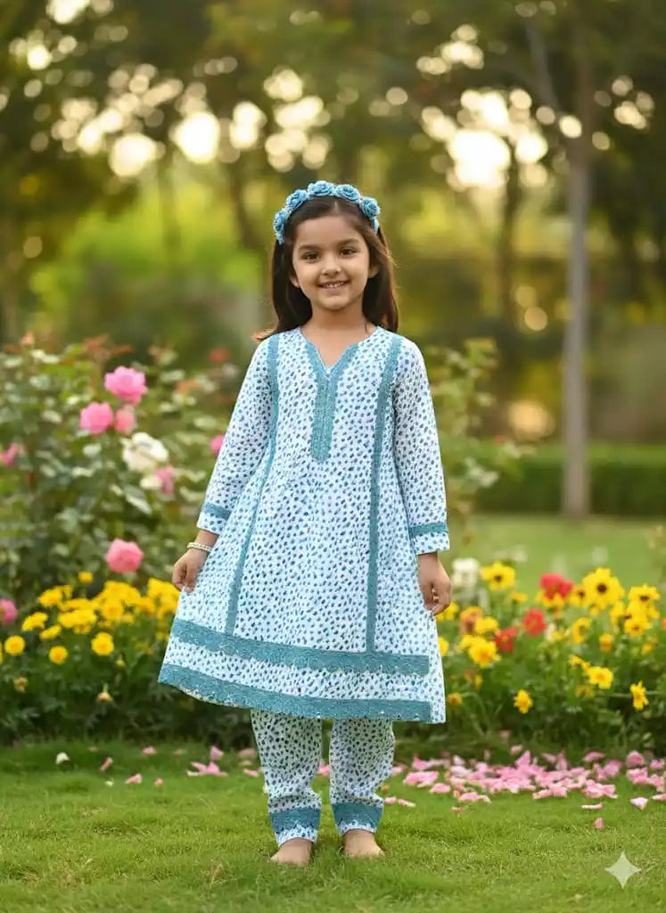 Girls Kids Karachi Lace Rayon Kurta Pant Straight Cut Cord-Sets