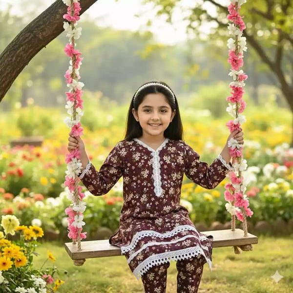 Girls Kids Karachi Lace Rayon Kurta Pant Straight Cut Cord-Sets