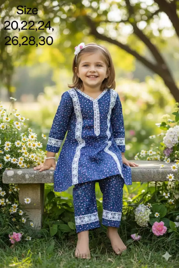 Girls Kids Karachi Lace Rayon Kurta Pant Straight Cut Cord-Sets