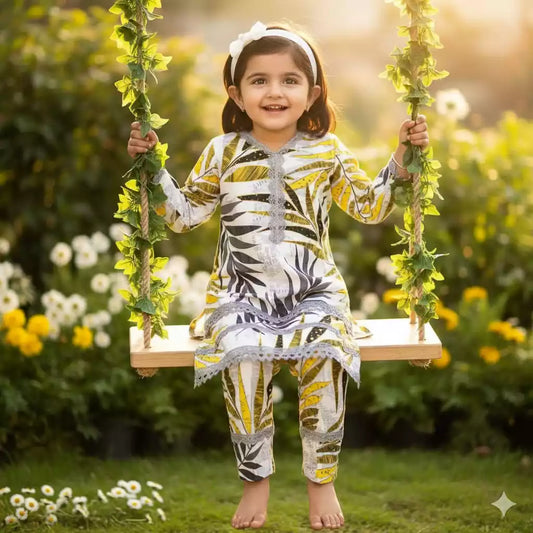 Girls Kids Karachi Lace Rayon Kurta Pant Straight Cut Cord-Sets