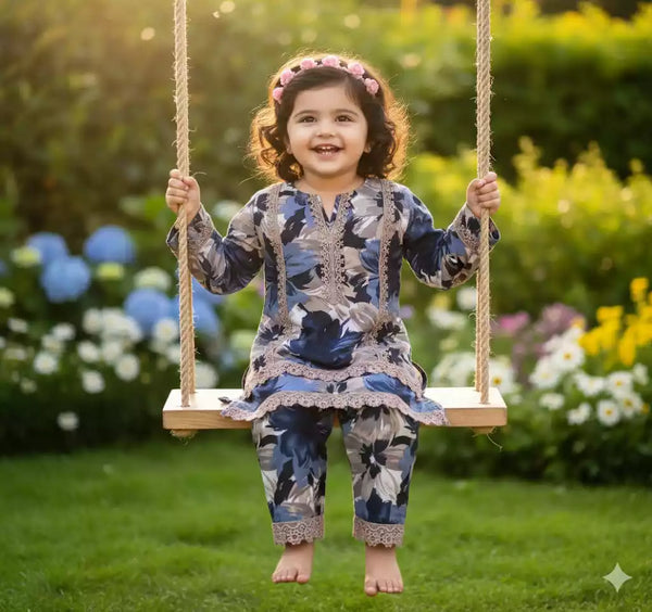 Girls Kids Karachi Lace Rayon Kurta Pant Straight Cut Cord-Sets