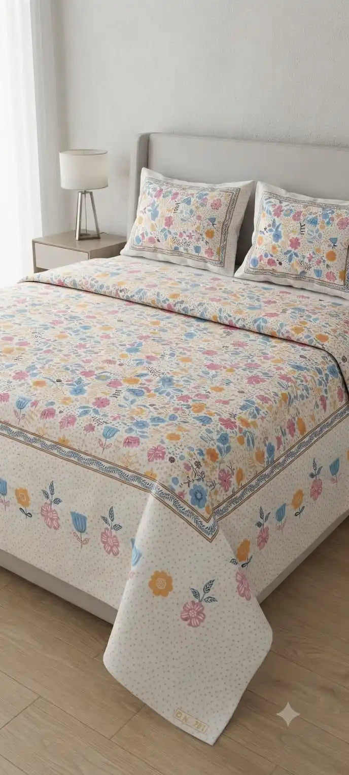 Super King size Jaipuri hand block print cotton bedsheet in 9x9 ft size with two matching pillow covers by ASC Fashion Store.