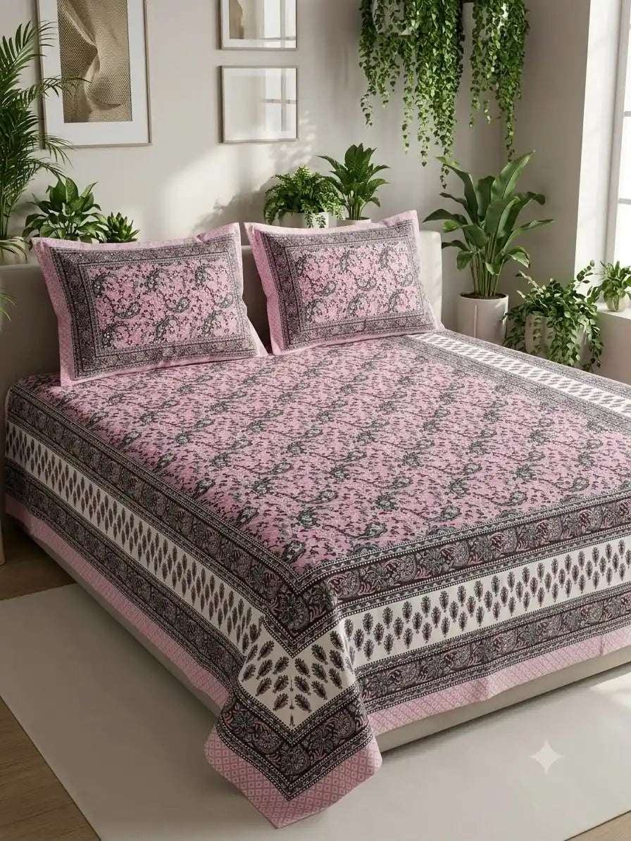 cotton floral bedsheet 9x9 ft displayed on a bed, featuring a minimalist design with pink and intricate patterns by ASC Fashion Store.