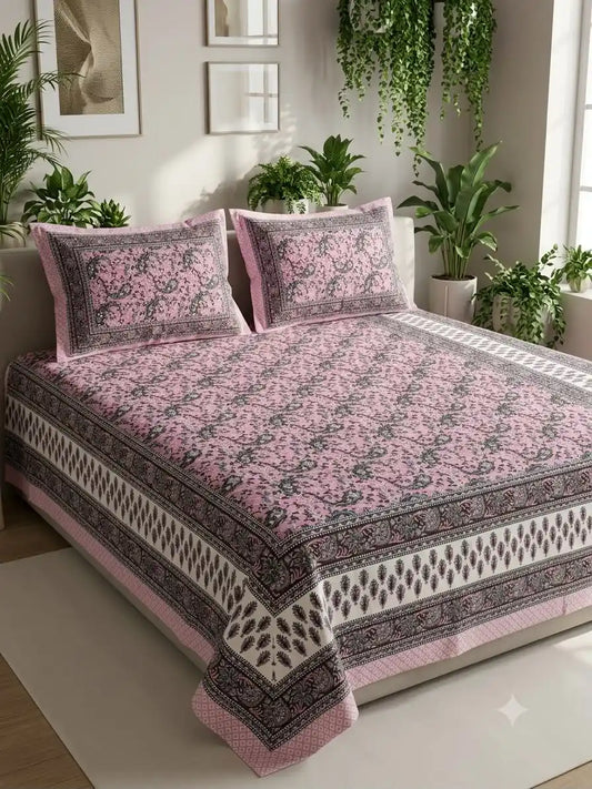 cotton floral bedsheet 9x9 ft displayed on a bed, featuring a minimalist design with pink and intricate patterns by ASC Fashion Store.