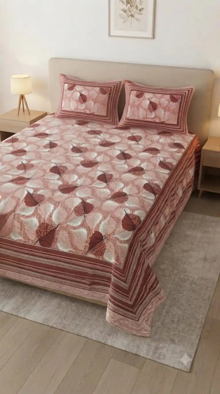 Floral Block Print King Bedsheet on bed with matching pillow covers in warm tones at ASC Fashion Store.
